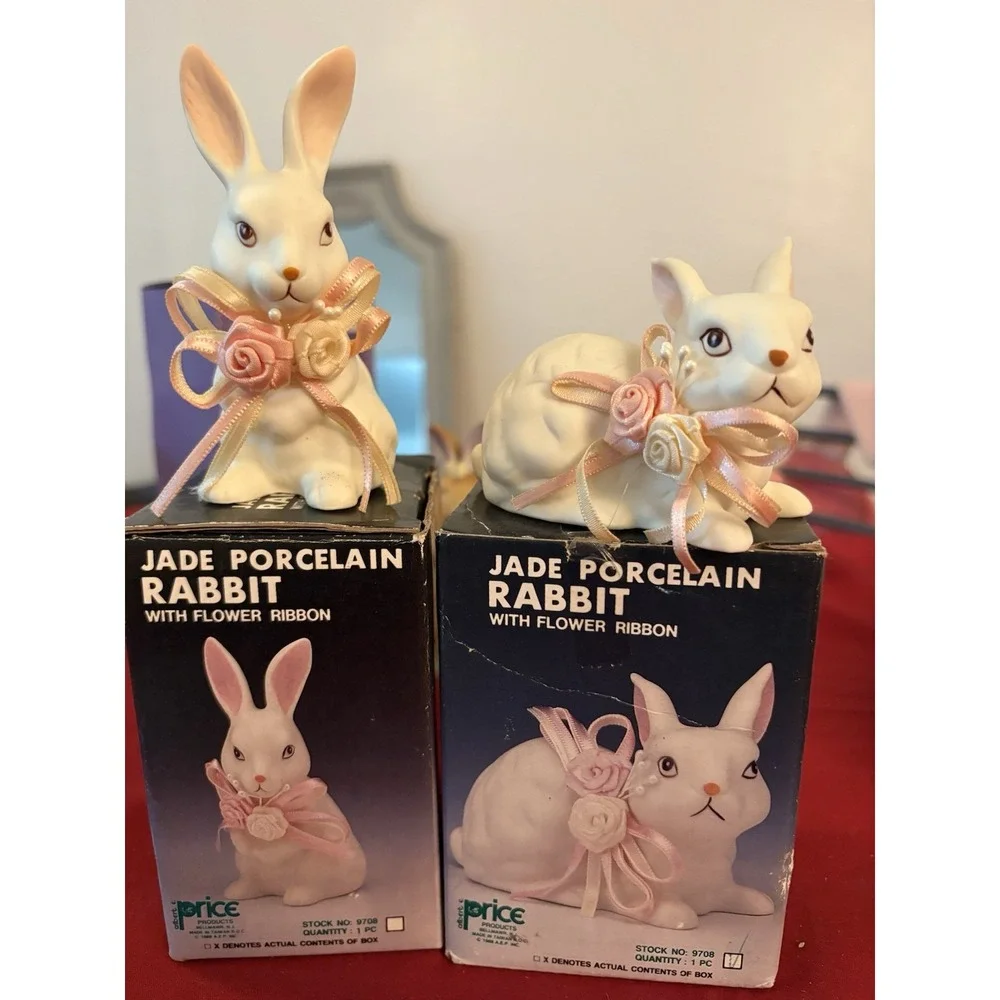 Vintage Price Products Jade Porcelain Rabbit Figurines Set of 2 Easter Box 9708